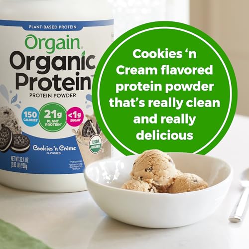 Image of Orgain Organic Vegan 21g Protein Powder, Cookies & Cream, 2.03 lb | Plant based protein, 7g prebiotic fiber, low net carb, no added sugar or lactose ingredients, non-GMO, for shakes & smoothies