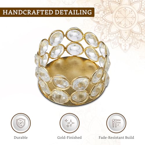 Image of Amazon Brand - Solimo Crystal Tealight Candle Holder | Votives Bowl for Home Decor & Gifting (Pack of 6) | 6 x 6 x 3.5 cm Each | Gold Finish