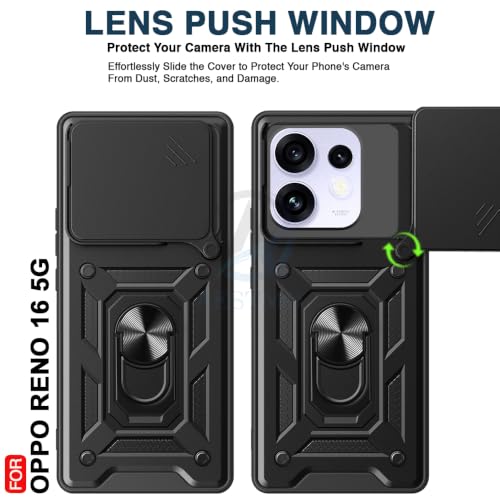 Image of AESTMO Tough Armor Oppo Reno 16 5G Bumper Back Case Cover | Ring Holder & Sliding Camera Shield Cover | 360 Degree Protection Back Case Cover for Oppo Reno 16 5G (Black)