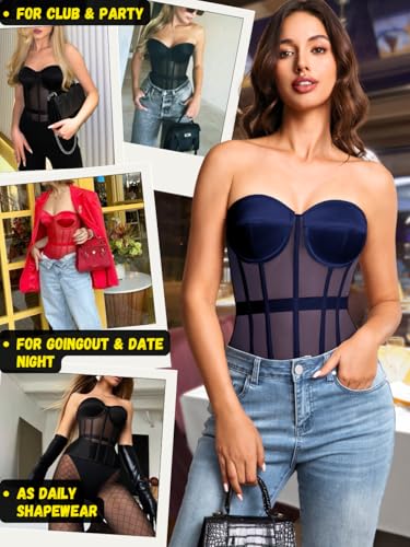 Image of Kaei&Shi Sheer Mesh Overbust Corset,Sexy Strapless Lace Up Satin Bra Corsets Top For Women Shapewear
