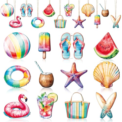 Adorno Madera Colgante Verano 12 Piezas Tropicales Adornos Hawaianos de Madera Decoración de Verano Colgante para Fiesta de Verano, Decoración Tropical