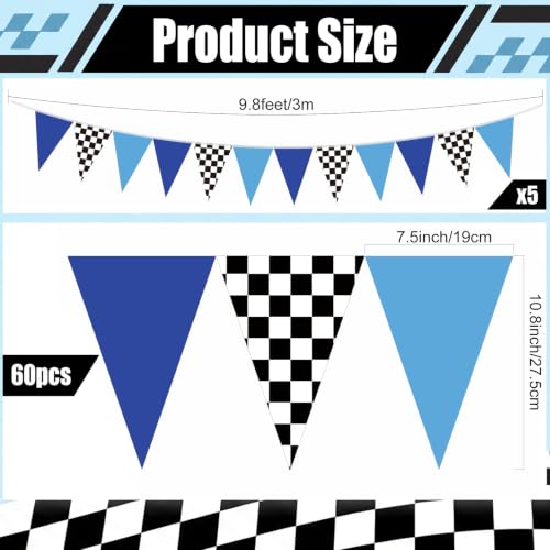 Image of Tiamon 5 Pcs 6 7 Birthday Decorations Pennant Banner 49.2 ft | I Was 6 Now I'm 7 Pennant Six Seven Meme Bunting Blue Black Checkered Triangle Flag for Baby Shower 7th Birthday Party Decor
