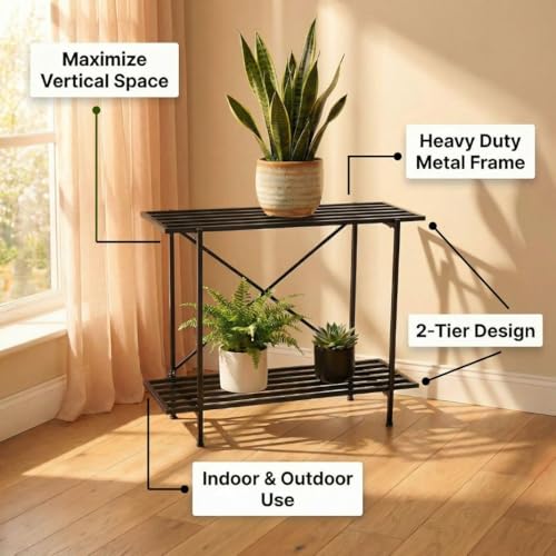 Image of ecofynd Eric Plant Stands for Outdoor Balcony, Flower Pot Stand for Indoor Plants, Large Metal Planter Stand for Living Room, home decor, Indoor & Outdoor plants, 2 Tier, (26 Inch, PS050-BLK)