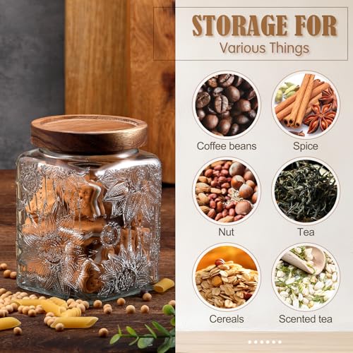Image of Suclain 5 Pcs Sunflower Vintage Glass Jars Airtight Lid 17 /24 /34 oz,Square