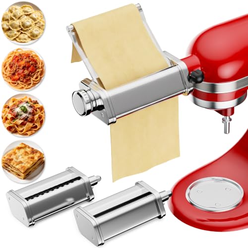 Image of Pasta Attachment for KitchenAid, 3Pcs Pasta Maker with Detachable Plate | Includes Adjustable Pasta Sheet Roller, Pasta Cutters for Spaghetti & Fettuccine by Focollk
