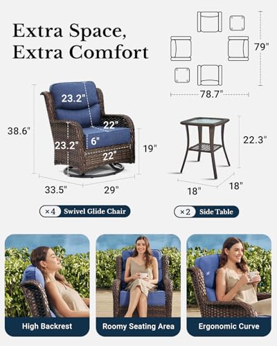 HILLGA Luxury Patio Furniture Set with 6-inch Thick Cushion, Outdoor High Back Swivel Rocker Patio Chairs, 6PCS Wicker Conversation Set for Deck Yard and Poolside, Blue (V2)