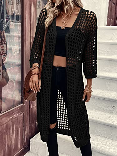 Verdusa Women's 3/4 Sleeve Long Cardigan Lightweight Hollow Out Crochet Knit Open Front Kimono3