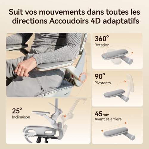 Image of SIHOO B100 Pro JT Ergonomic Office Chair, Breathable Mesh, 4D Lumbar Support, 3D Headrest, 4D Armrest, 90-135 Tilt, Grey /White (with Foot Rest)