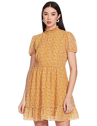 Image of FabAlley Women's Georgette Skater Regular Yellow Floral Belted High Neck Dress
