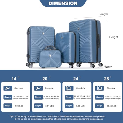 4-piece ABS Lightweight Suitcase Set, 14 Inch Makeup Box, Spinner Wheels (14/20/24/28) - Carry-On & Checked Luggage, Blue4