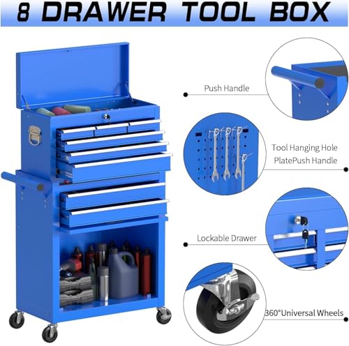 Image of 8-Drawer Rolling Tool Chest Tool Box,Removable Tool Storage Cabinet with 4 Wheels and Drawers,2 in 1 Portable Toolbox Organizer, Tool Chest with Lockable Drawer Gifts for Men, Blue