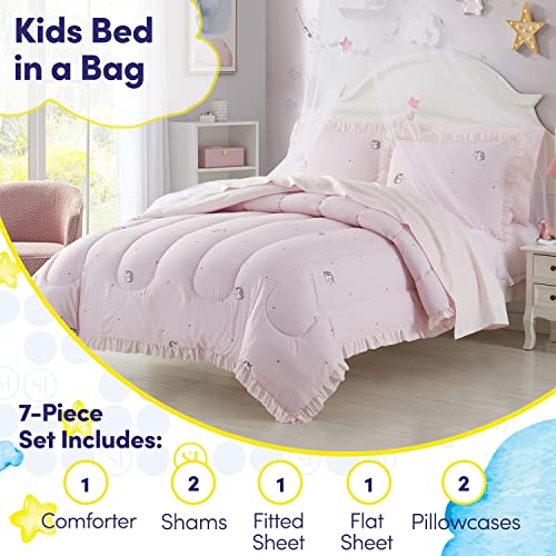 Image of Kids Bedding Set Bed in a Bag for Boys and Girls Toddlers Printed Sheet Set and Comforter , Full, Rainbow Unicorn