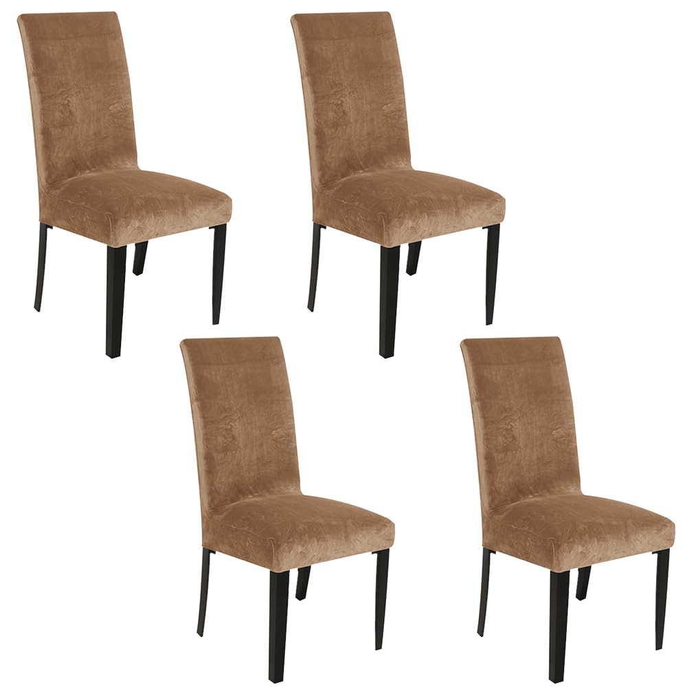 SANOCAY Soft Thick Solid Light Brown Velvet Dining Chair Covers Parson Stretch Chair Slipcover for Dining Room Washable Set of 4 Chair Protectors Covers (Light Brown, Set of 4) — image 1