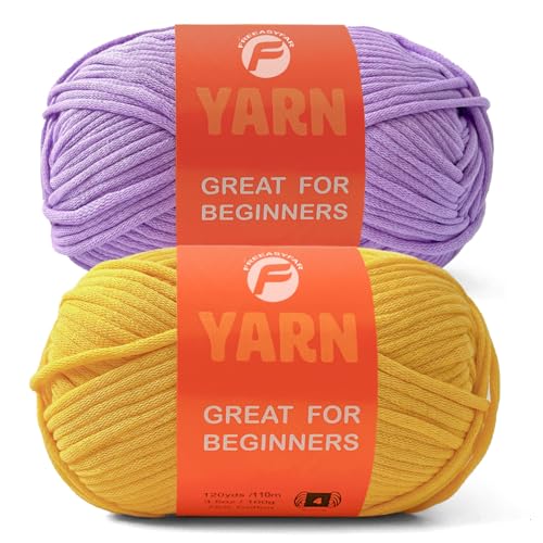 Image of 2 x 3.5Oz /120yds Beginner Easy Yarn for Crocheting and Knitting;Worsted-Weight Medium #4;Cotton Blend Yarn for Beginners Amigurumi DIY (Yellow+Purple)