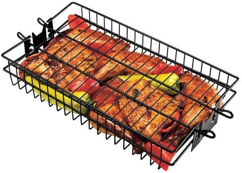 Adjustable Cover Rotisserie Non-Stick Steel Basket in Black with Basting Brush