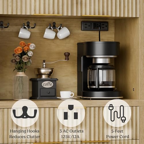 Image of Lulive 71 inch Fluted Pantry Cabinet with Charging Station, Natrual | Adjustable Shelves, Open Countertop, Drawer, Spacious Kitchen Storage