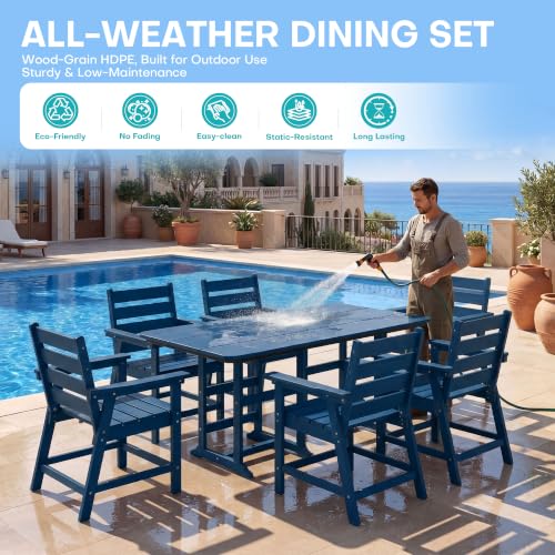 Image of 5-Piece Dining Set, HDPE Table & 4 Chairs, Blue | HDPE Dining Set All-Weather, No Rust No Crack , 69.1 inch Table , 304 Stainless ,Wood‑Grain Outdoor Patio Set