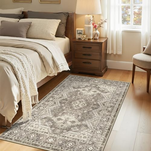 Rugland 4x6 Rug - Stain Resistant Washable Rug, Anti Slip Backing Rugs for Living Room, Vintage Tribal Area Rugs (TPR07-Ivory, 4'x6')