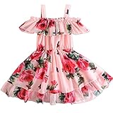 Nutyomi Toddler Baby Girls Summer Dress Chiffon Strap Off Shoulder Ruffle Dresses Fancy Daisy Flowers Toddler Girls Dress for Hawaiian Vacation Beach Wedding Birthday Party, Pink, 120, Size 5-6T