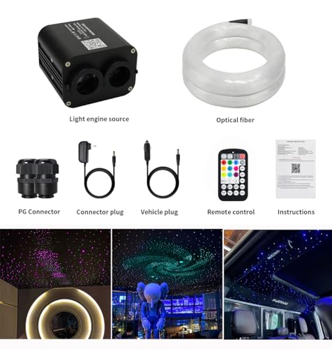 Image of AZIMOM Dual Color 20W Twinkle 1000pcs Fiber Optic Starlight Headliner Kits 0.03in 13.1ft Fiber Strands End Glow Sound Activated Remote APP Control RGBW Light Source Home Ceiling Car Headliner Decor