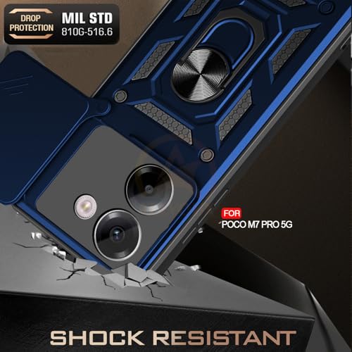 Image of Armor Bumper Back Cover Case for Poco M7 Pro 5G | Rotating Camera Cover, Ring Holder & Kickstand | Heavy Duty & 360 Degree Protection Poco M7 Pro 5G Back Cover (Blue)