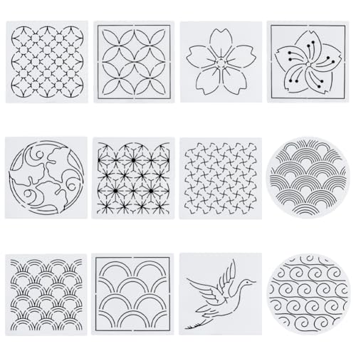 FREEBLOSS 12Pcs 5.5 * 5.5inch Plastic Sashiko Stencils Drawing Stencils Embroidery Patterns 12 Different Japanese Style Patterns Embroidery Templates for Hand Quilting