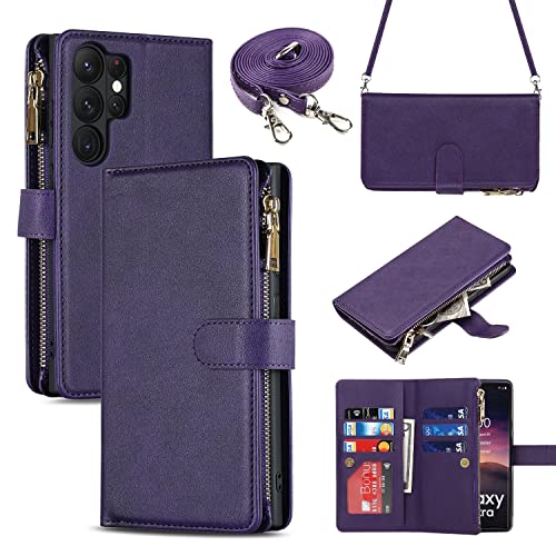 Étui antichoc S23 Ultra anti-perte avec lanière réglable et poche zippée violette de sécurité