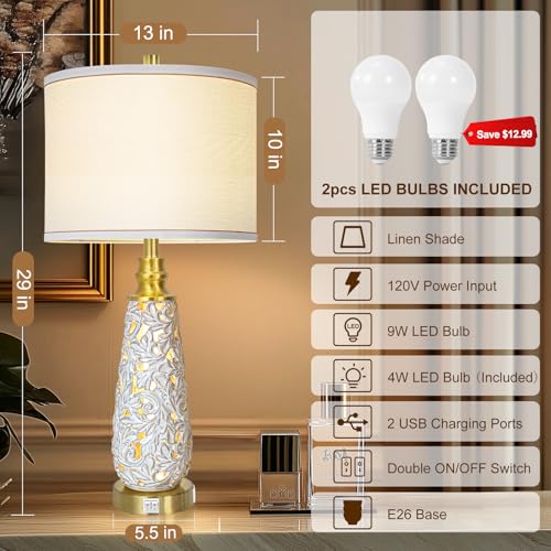 29" Ceramic Table Lamps Set of 2 with Night Light - Lamps for Nightstand,Bedside Lamps with USB Ports,Nightstand Lamps,Modern Table Lamps with White Linen Shade for Living Room,Bedroom(Bulb Included) - Image 3