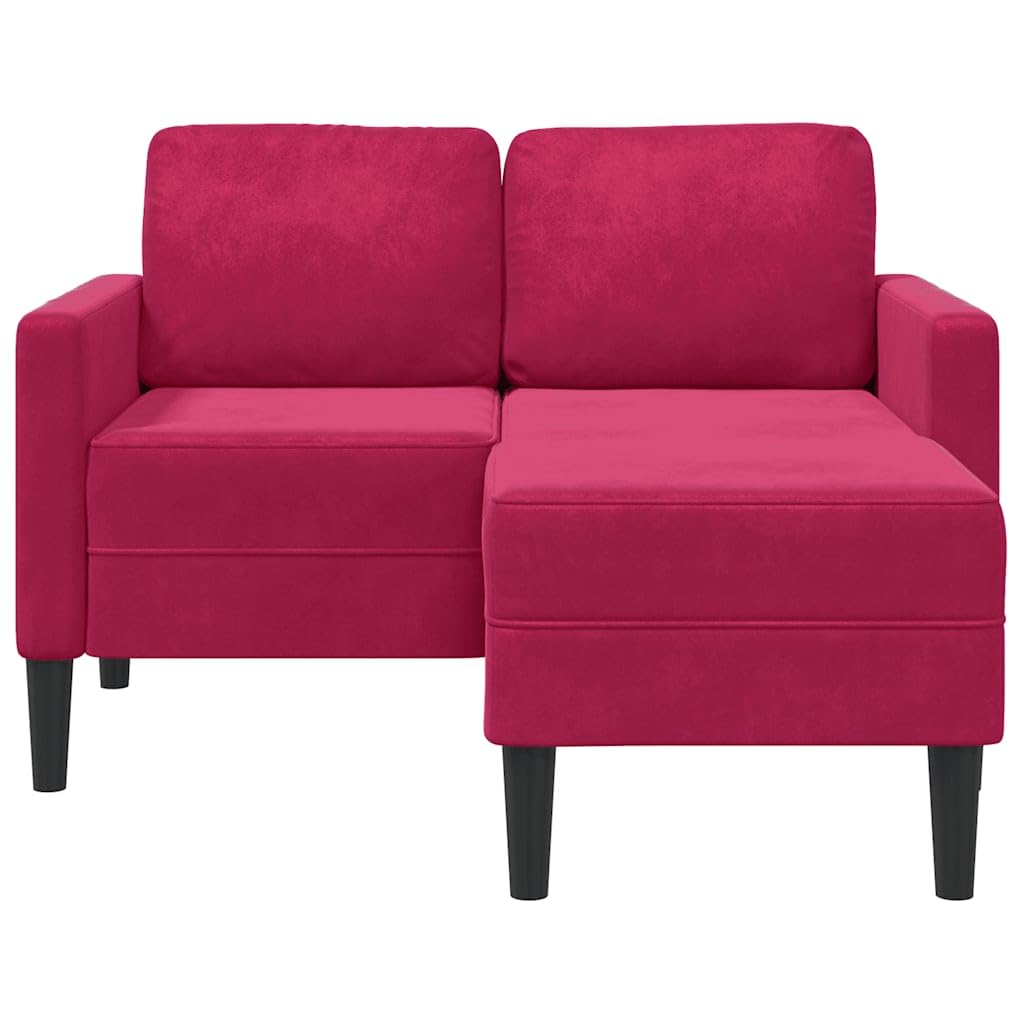 Sofá de 2 plazas con chaise longue en forma de L, color rojo vino, 125 cm, terciopelo y patas de metal, sofá de salón acogedor