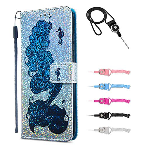 TOYYM Case Compatible with Honor 7A,Luxury Glitter Shiny 3D PU Leather Flip Cover Wallet Case with Card Holders Kickstand Full Body Protection Folio Case for Huawei Y6 2018-Mermaid