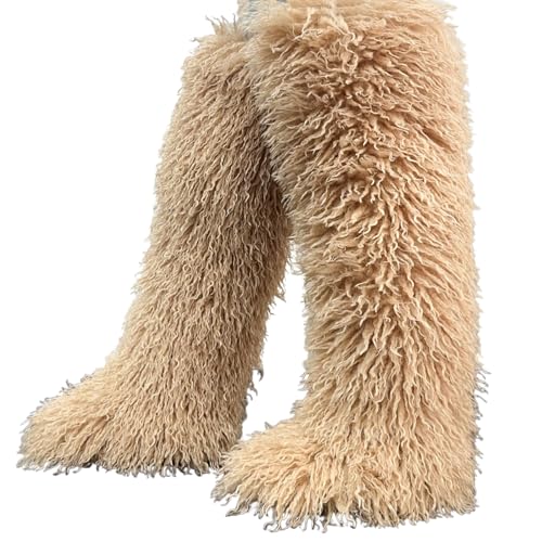 SWEETHEART BEAUTY Thigh High Shagy Teddy Fur Boots 29 Inch Over the Knee Length Fluffy High Boots Tall