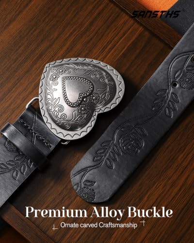 Image of SANSTHS Western Belt For Women, Womens Cowboy Belt For Pants Jeans With Vintage Floral Carved Design