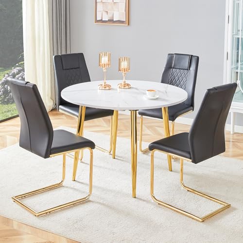 Image of Round Dining Table Set for 4, 42-54 inch Expandable Dining Table with 4 Upholstered Chairs, Engineered Wood Top, Space-Saving Round Kitchen & Dining Room Table Set(1 Table + 4 Black Chairs)