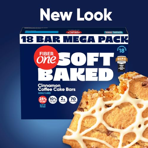 Image of Fiber One 70 Calorie Cinnamon Coffee Cake Soft Baked Bars, 18 ct, 16 oz | 27% Daily Value of Fiber per Bar, 70 Calories & 2g Sugar, 5g Net Carbs, Bulk Supply for Office or On-The-Go Snacking, 16 oz