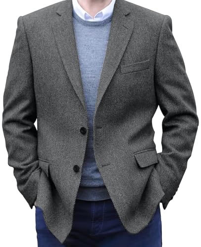 Men's Vintage Herringbone Tweed Jacket Two Buttons Casual Sport Coat Wedding Groomsmen PromBlazer with 2 Pockets