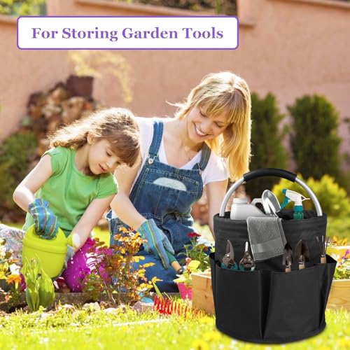 Image of 17L Bucket Tool Organizer with 6 Side Pockets, 2Pcs Collapsible Cleaning Caddy with Handle, Folding Gardening Tool Bag, Multifunctional Storage Basket for Garden, Bathroom, Black + Navy Blue