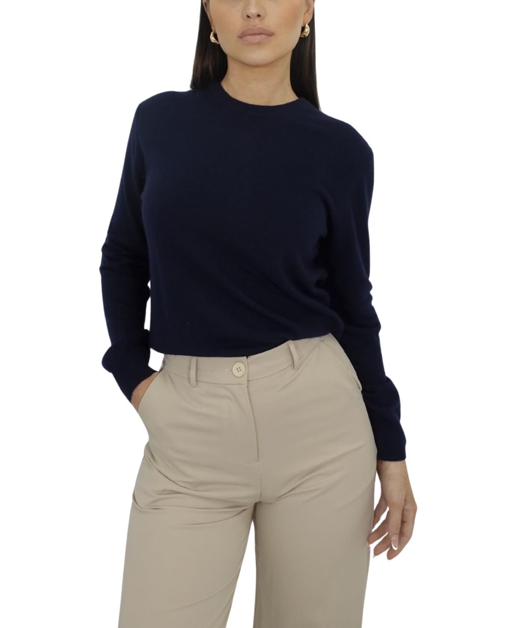 Win's Cashmere Round Neck Sweater for Women, Made in Italy, Navy Blue (816), L