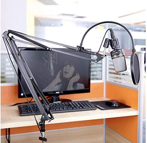 Image of Microphone Stand with Suspension Boom Scissor Arm /Mic Stand Holder /Studio Stand /Adjustable Suspension Boom Scissor /Arm for Voice-over /Gaming /Recording (Pop Filter With Mic Stand, Black)