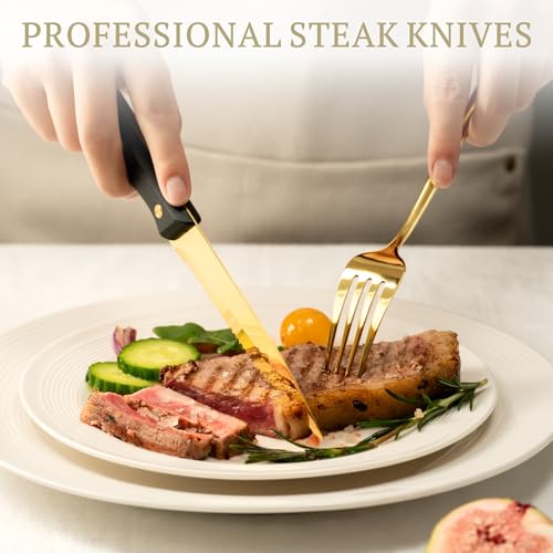 Image of Astercook Silverware Set 48-Piece Gold Flatware Set with Steak Knives Food-Grade Stainless Steel Cutlery Set for 8 Mirror Polished Utensils Set Include Spoons and Forks for Home Kitchen Restaurant