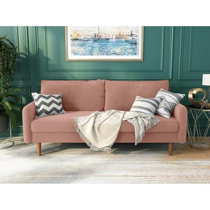 Image of Morrone Velvet Loveseat 3-Seater Sofa, Modern Upholstered Couch for Living Room, Bedroom and Office, Plush Cushion Accent Seating Furniture (Pink, 3 Seater)