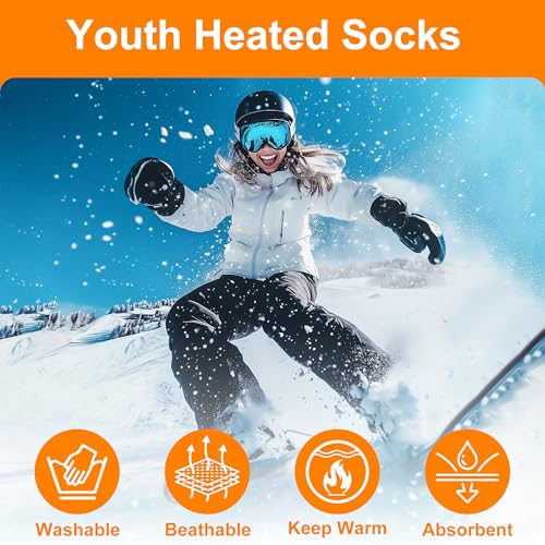 MMlove Heated Socks for Girls,3 Heat Settings, 4000mAh Battery, Electric Heated Socks for Teenagers Youth, Rechargeable Foot Warmers, Washable for Skiing,Camping,Snowboarding,Hiking,Cycling2