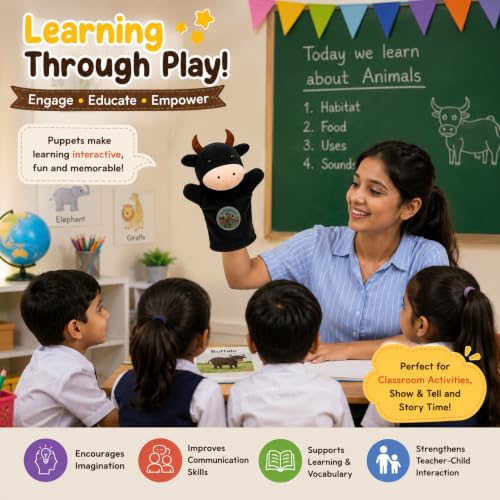 Image of Buffalo Hand Puppet for Kids | Soft Plush Animal Puppet | Educational Storytelling Toy | Interactive Role Play | Preschool Learning | Gift for Boys & Girls