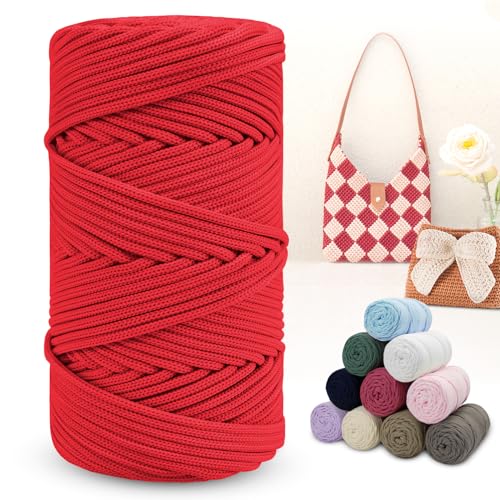 LEREATI Polyester Macrame Cord 4mm x 164 Yards Braided Polyester Cord Thick Macrame Rope Yarn Crochet Cord, Polyester Yarn for Crocheting, Bags, Wall Hangers, Rug, DIY Crafts (Red)