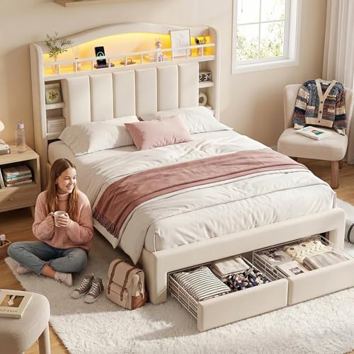 Image of Full Size LED Bed Frame with Storage Headboard, Upholstered Velvet Wood Princess Bed for Girls with 5 Charging Ports (USB-C & AC), Hidden Compartment, Sturdy Aluminum Frame & 2 Silent Drawers Beige