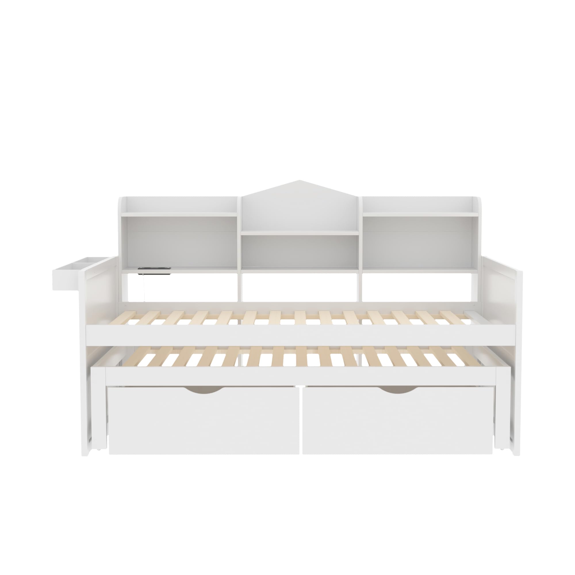Sofá cama 90 x 200, cama nido 90 x 190 con dos cajones, gran compartimento de almacenamiento y cesta de almacenamiento, cama individual de madera, color blanco