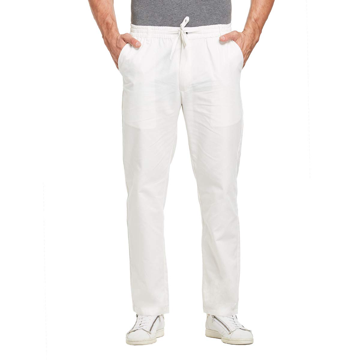 Justsun Men's White Casual Chino Trousers Cotton Regular Fit Elastic Waist Large
