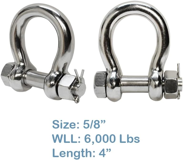 5/8" Marine Stainless Steel Bow Shackle with Cotter Pin Lock 2 TON 4000 Lbs WLL