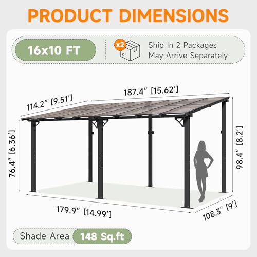 Image of 10' x 16' Lean to Gazebo Pergola, Hardtop Gazebo Metal Large Galvanized Steel Wall Mount Pergolas on Clearance with Lights,Polycarbonate Roof,Awnings,Patio Canopy for Backyard,Deck,Porch
