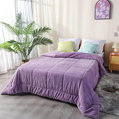 DOMDEC Luxurious Flannel Fleece Comforter with Plush Sherpa Back- Queen Size Bedding Coverlet-Textured Faux Fur Blanket-Machine Washable-Winter Warmth(90X90'', Rose), Purple