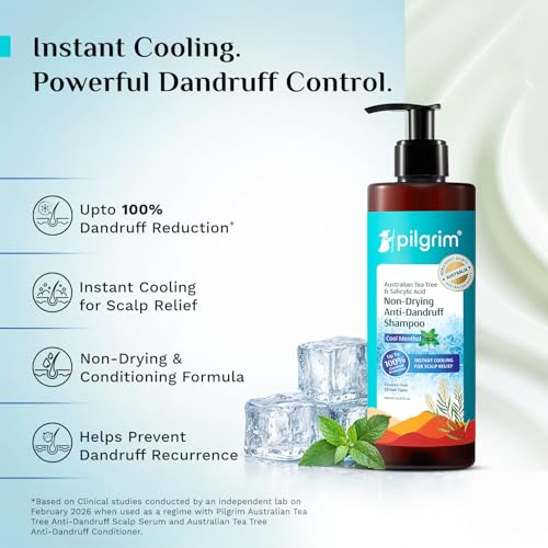 Image of Pilgrim Australian Tea Tree & Salicylic Acid Anti-Dandruff Shampoo with Cool Menthol | Up to 100% Dandruff Reduction*| Soothes Itchy Scalp | Non-Drying Formula | All Hair Types | For Men & Women (400ml)